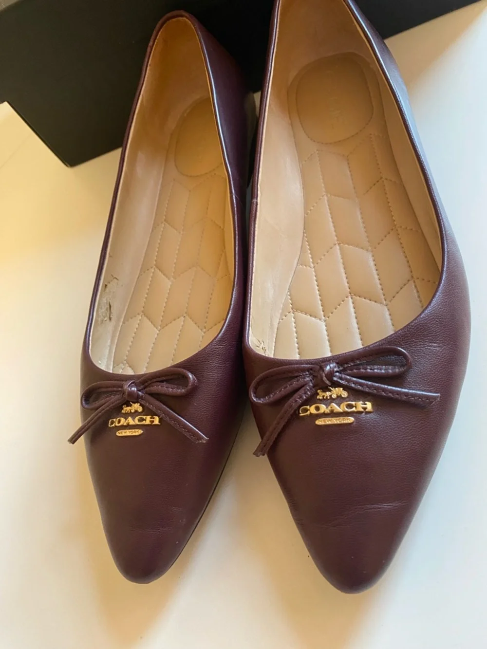 Coach Women's Burgundy Leather Pointed-toe Ballet Flats with Bow Accent - Picture 9 of 11